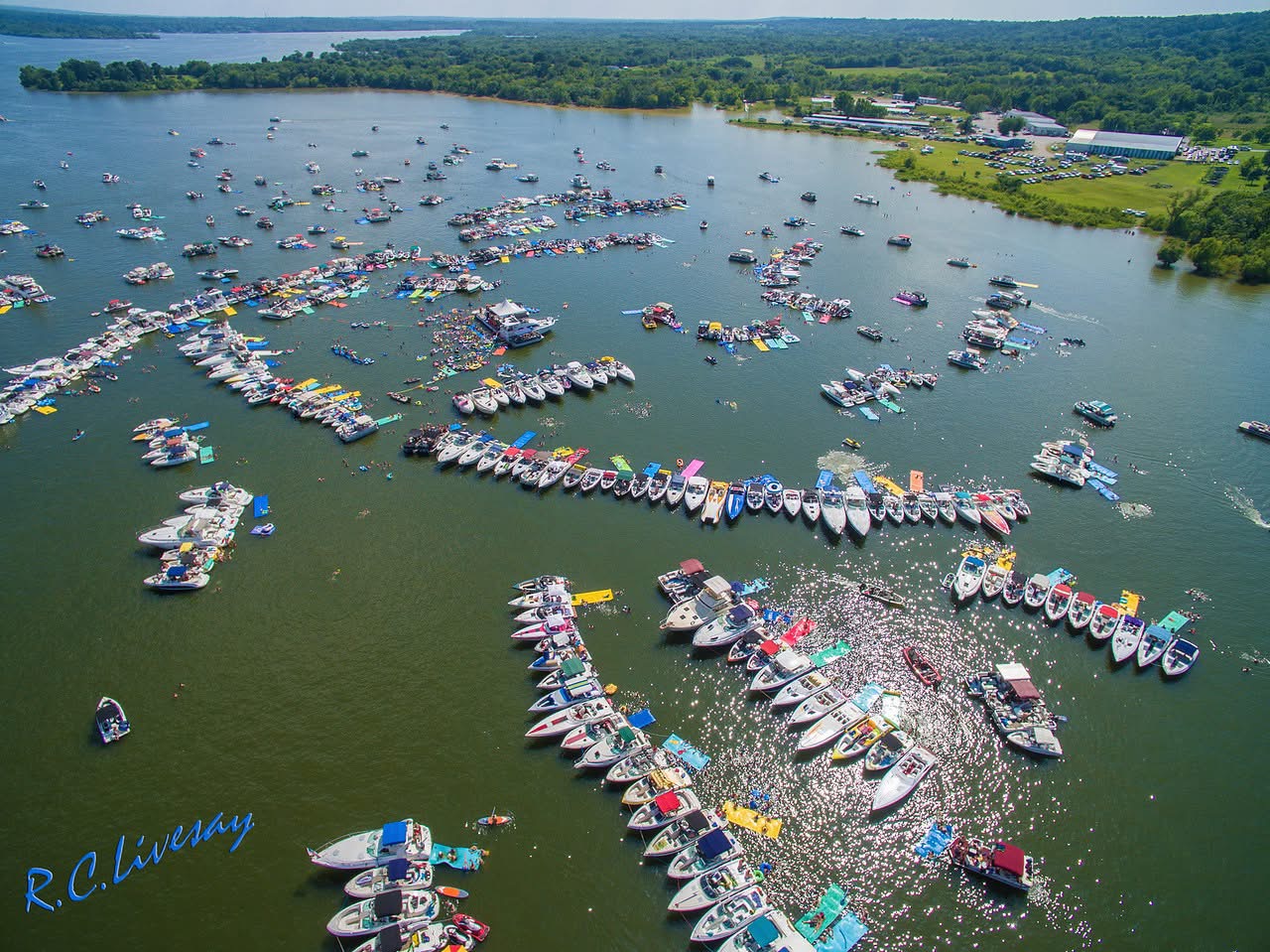 Aerial drone view of hundreds of boats rafted together in Party Cove on Grand Lake Oklahoma